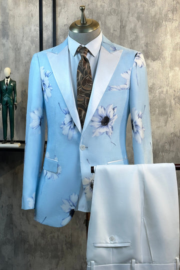 Azul Claro Floral Pico Lapela 2 Peças Ternos Masculinos